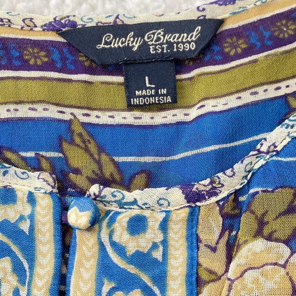 Lucky Brand Blouse Womens L Blue Purple Peasant Y2K Fairy Boho Festival‎ Artsy - Picture 4 of 16